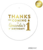 Andaz Press Personalized Round Circle Birthday Gift Tags, Metallic Gold Ink, Thanks for Coming to My 1st Birthday, 24-Pack, Custom Made Name
