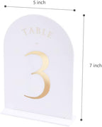 UNIQOOO White Arch Wedding Table Numbers with Stands 1-20, Gold Foil Printed 5x7 Double sided Acrylic Signs and Holders, Perfect for Centerpiece, Reception, Decoration, Party, Anniversary, Event