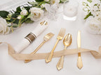 400PCS Pre Rolled Gold Plastic Silverware Sets - Heavy Duty Fancy Gold Cutlery - Include 100 Pack Wrapped Disposable Utensils with Napkins for Parties, Dinners & Weddings