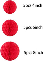 15pcs Honeycomb Balls Decorations 4'' 6'' 8'' Party Honeycomb Ball Flower Tissue Pom Poms Flower Balls Hanging Flower Balls for Party Baby Shower Birthday Wedding Nursery Decor(4'' 6'' 8'' Red)