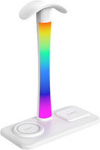 Headphone Stand with Wireless Charger,Gaming Headset Stand with RGB Light Mode,Airpod Max Stander Compatible with Airpod Pro/3/2,iPhone 16/15/14/13/12/11,Gifts for Gamers & Music Lover (White)