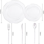Liacere 150PCS Clear Silver Plastic Plates & Disposable Silver Plastic Silverware with Glitter Bamboo Handle Cutlery-Baroque Clear Disposable Plates for Wedding & Easter day & Mother's Day