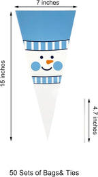 EKAPACKAGING 50Pcs 7x15 Inches Snowman Print Cone Shaped Treat Bags with Ties, Christmas Clear Cellophane Bags, Party Favor Bags for Popcorn, Cookies, Cotton Candy, Gift, and Pretzel Rod