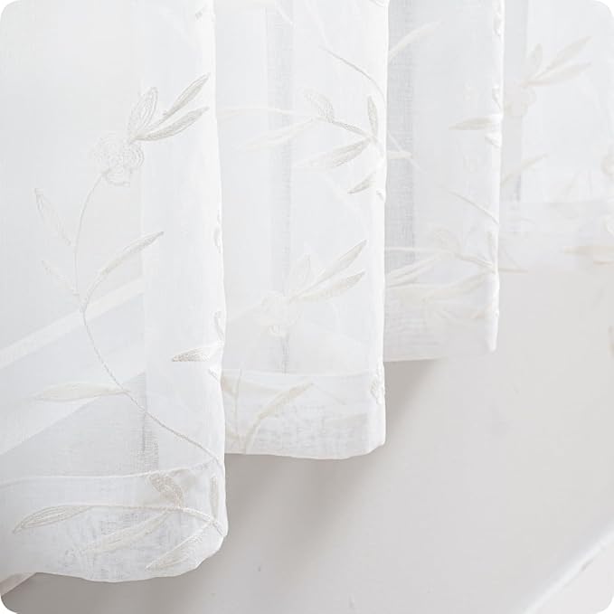 Sheer Curtains Floral Embroidery White 84 Inch Long Rod Pocket Lace Drapes for Living room, Bedroom, 2 Panels, 52"x84", Semi Voile Pattern Outdoor Window Treatment Sets for Yard, Patio, Villa, Parlor.