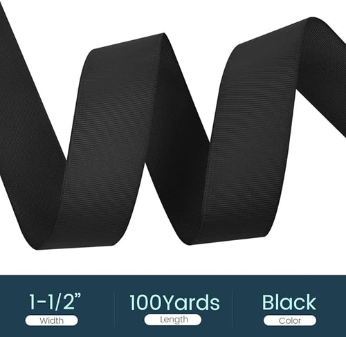 1-1/2" X 100 Yards Black Grosgrain Ribbon, Premium Grosgrain Ribbon for Sewing, Gift Wrapping, Bow Making, Wedding Decor, Wrapping and More (Black)