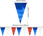 40M/130FT White Blue Red Triangle Pennant Banner Flag Metallic Fabric Bunting Garland for Christmas Graduation, Independence Day, 4th of july, Patriotic Themed Party Decoration