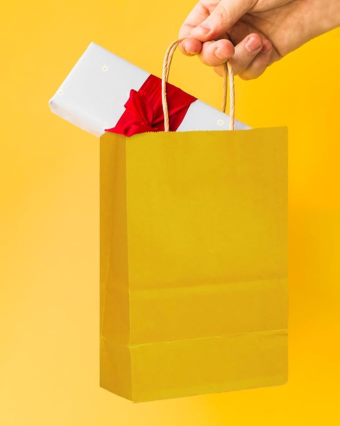 qiqee 24 Pcs Bright Yellow Mini Paper Gift Bags with Handles 6"x4.5"x2.5" Small Brown Kraft Party Favor Bags Multiple Uses (Mini size)
