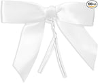 Juvale Twist Tie Bows - 100 Count, White, 3 x 2.5 in Satin Ribbon - Pre-Tied Gift Bows - Twist Ties for Cake & Crafts