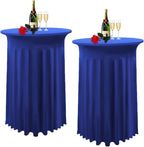 Albassa 2 Pack Cocktail Table Covers 32"x 43" Spandex Stretch Round Cocktail Tablecloths with Wavy Drapes Fitted High Top Bar Table Skirt for Wedding Party Banquet (Royal Blue, 2 PCS)
