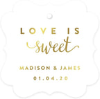 Andaz Press Personalized Fancy Frame Square Wedding Gift Tags, Metallic Gold Ink, Love is Sweet, 24-Pack, Custom Made Any Name