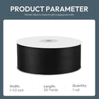 KMER LIFE 1-1/2" Wide x 50 Yards Black Single Faced Polyester Satin Ribbon, Black Satin Ribbon Perfect for Wedding Decor, Wreath, Crafts, Gift Wrapping & Other Projects (Black)