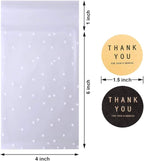 Searik Self Sealing Cookie Bags with Seal 4x6 Inches, 4 Mils Individual Self Adhesive Cellophane Plastic Candy Bags for Wedding Party Gift Giving Bakery Chocolate with Thank You Stickers 100 Pcs