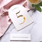 UNIQOOO White Arch Wedding Table Numbers with Stands 1-20, Gold Foil Printed 5x7 Double sided Acrylic Signs and Holders, Perfect for Centerpiece, Reception, Decoration, Party, Anniversary, Event