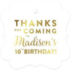 Andaz Press Personalized Fancy Frame Square Birthday Gift Tags, Metallic Gold Ink, Thanks for Coming to Madison's 10th Birthday Block Style, 24-Pack, Custom Made Name Age