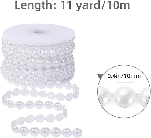 10mm Pearl Garland Half-Round 11 Yards Flat Craft Pearls Bead String Roll Strand for Wedding Party Christmas Tree Decoration (White)