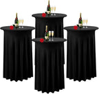 Albassa 4 Pack Cocktail Table Covers 32"x 43" Spandex Stretch Round Cocktail Tablecloths with Wavy Drapes Fitted High Top Bar Table Skirt for Wedding Party Banquet (Black, 4 PCS)