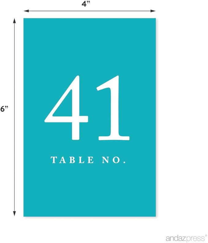 Andaz Press Aqua Turquoise Wedding Table Numbers 41-60, 4x6-Inches Table Number Cards For Wedding Reception, Table Number For Seating Chart For Wedding Reception, Restaurant, Classroom, Boda