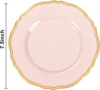 Hioasis 60pcs Pink Plastic Plates - Pink and Gold Disposable Dinnerware with Gold Rim, Heavy-duty, 7.5 inch, Dessert Plates for Party & Wedding