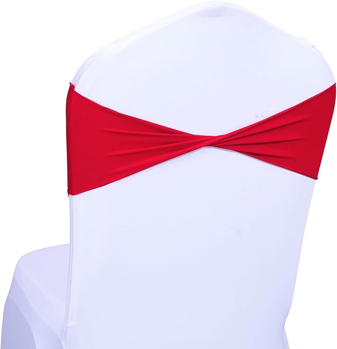 MDS Pack of 100 Spandex Chair Sashes Bows Elastic Stretch Dining Chair Bands Ties Without Slider Buckle Universal fits for Wedding Baby Shower Birthday Party Banquet Event Decoration - Red