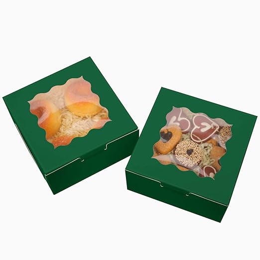 Bakepacker 60pcs Deep Green Bakery Boxes with Window 6x6x3 inches Thick & Sturdy Macaroon Pastry Boxes Cookie Boxes for Bakerys