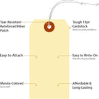 SmartSign Blank Manila Shipping Tags with Elastic Strings - Pack of 100, Size-5, 13pt Thick Pre-Strung Cardstock Tag, 4.75 x 2.375 inch, Paper Hang Tags with Reinforced Fiber Patch, Made in USA