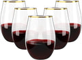 FOCUSLINE 20pcs 16 Oz Plastic Wine Glasses, Stemless Gold Rim, Heavy Duty Disposable Drinking Cups, Reusable Shatterproof for Party & Wedding