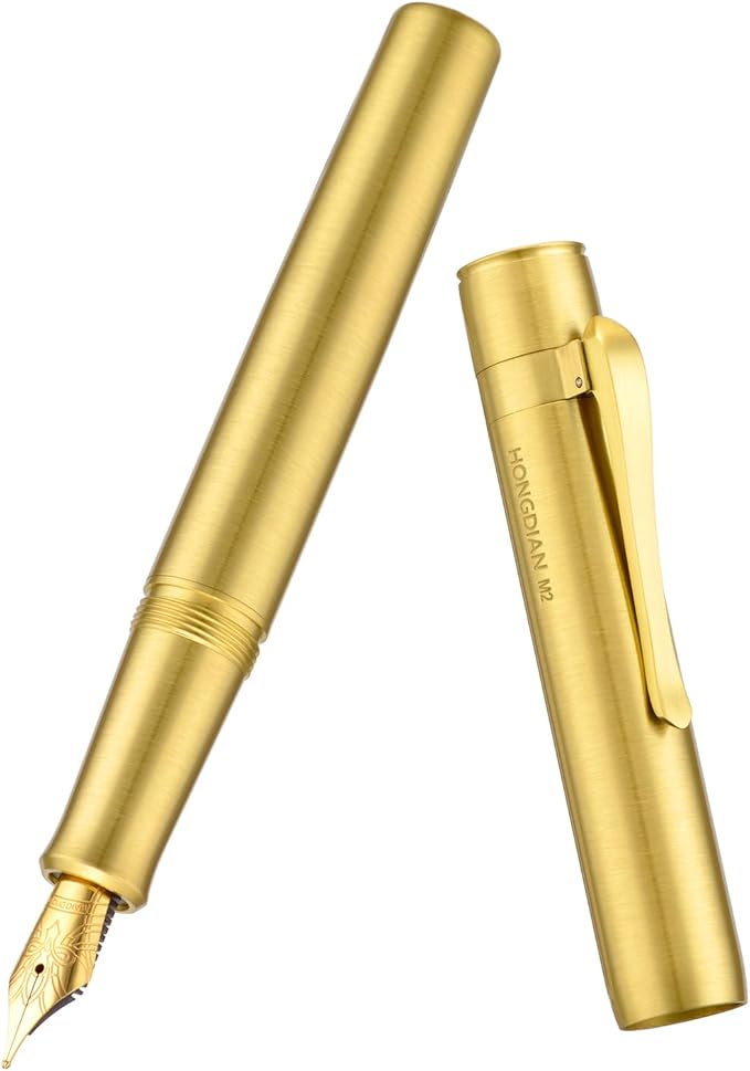 Hongdian M2 Black Forest Mini Fountain Pen, Fine Soft Golden Nib & Sleek Shape Brass Short Pocket Travel Pen (Glossy Brass)