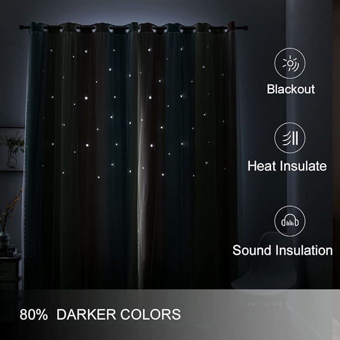 FANLI Ombre Rainbow Blackout Curtains for Kid Girls Bedroom Living Room Darking Stripe Double Layer Star Cut Out Wall Home Decor Gradient Grommet Window Curtains (Pink/Blue, 52W x 84L)