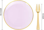 Festiva 200Pcs Purple Gold Dessert Plates 6.3" with Plastic Forks 5"- Disposable Lavender Purple Cake/Appetizer/Salad Plates - serve 100 guests for Party&Wedding&Easter