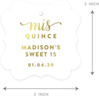 Andaz Press Personalized Fancy Frame Square Birthday Gift Tags, Metallic Gold Ink, Sweet 15 Birthday, Mis Quince Quinceanera, 24-Pack, Custom Made Name