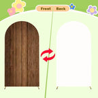 Wood Arch Cover 5ft Arch-Backdrop-Cover Cowboy Brown Arch Covers Stretchy Backdrop Double Sided White and Wood Print Back Drop Cover for Baby Shower Wedding Rustic Farmhouse Jungle Party Decor