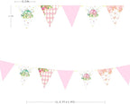 Spring Tea Party Decorations Pink and Gold Floral Flower Butterfly Teapot Teacup Plaid Paper Triangle Flag Pennant Banner Bunting for Spring Birthday Wedding Bridal Baby Shower Engagement Tea Party