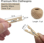 Mini Clothes Pins, 260 PCS Small Wooden Clothes Pin with Jute Twine, Clothespins, Clothes Pins for Photos Crafts DIY Project