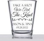 Personalized wedding shot glasses, take a shot we tied the knot, cute customizable wedding favors for guests, custom shot glasses, personalized wedding favors, wedding glasses