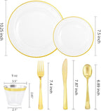 SUT 150 PCS Gold Plastic Plates, Disposable Clear Gold Dinnerware Set with Cups, Includes: 25 Dinner Plates, 25 Dessert plates, 25 Cutlery, 25 Cups, Prefect for Party, Wedding & Shower