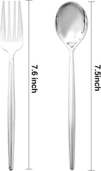 SUT 100Pcs Silver Plastic Silverware - Plastic Spoons and Forks, Disposable Silverware, Plastic Cutlery Set,50 Gold Plastic Forks, 50 Gold Plastic Spoons for Catering, Parties, Dinners, Weddings