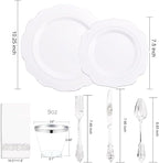 NOCCUR 175pcs Silver Plastic Plates - Silver Rim Plastic Tableware Include 25 Dinner/Dessert Plates, 25 Forks, 25 Knives, 25 Spoons for Wedding/Party/Christmas
