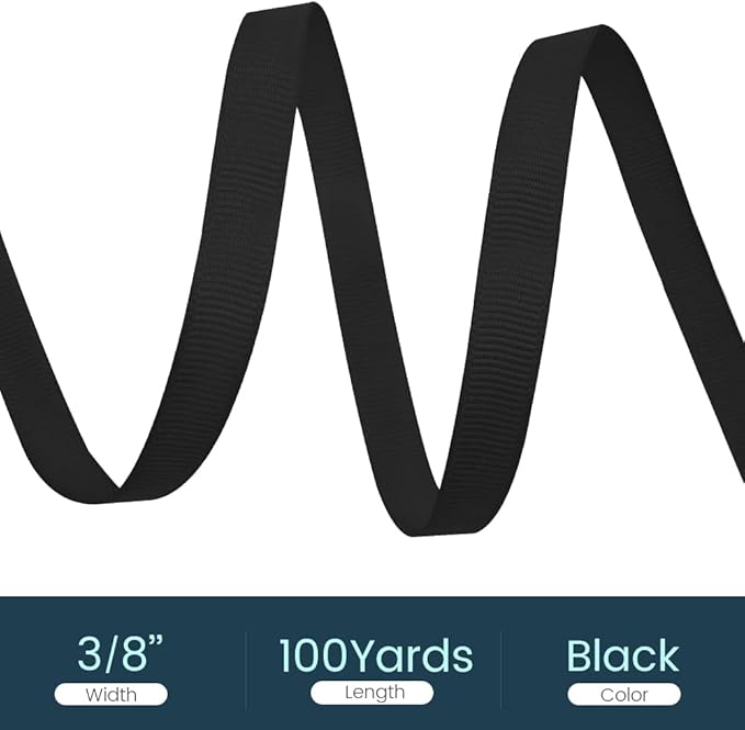 3/8" X 100 Yards Black Grosgrain Ribbon, Premium Grosgrain Ribbon for Sewing, Gift Wrapping, Bow Making, Wedding Decor, Wrapping and More (Black)
