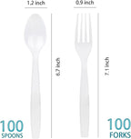200 Count White Plastic Silverware, Heavy Weight Plastic Forks Spoons Disposable Utensils Cutlery Set for Wedding Party Supplies Everyday Use
