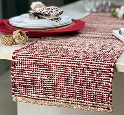 Chardin home Natural Jute Table Runner 13x72 Inch – Vintage Boho Rustic Table Decor – Handwoven Table Runner in Natural Jute and Red – Farmhouse Dining or Console Table Accent