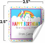 Custom & Personalized Rainbow Unicorn Happy Birthday Gift Tag Sticker Labels, 24 2.5" Square Stickers by Amanda Creation
