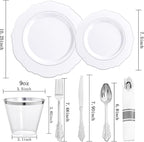Liacere 350PCS Silver Plastic Plates-Disposable White and Silver Plates 50guest Baroque Plastic Dinnerware Set include 100Plates, 50Pack Pre Rolled Napkins with Silverware 50Cups Perfect for Chrismas