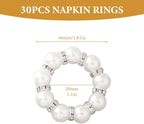 30Pcs Pearl Napkin Rings, Round Napkin Buckles Wedding Beaded White Napkin Rings Silver Napkin Ring Holder for Formal Dinner Reception Party Banquet Table Decor (Sliver)