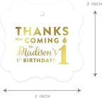 Andaz Press Personalized Fancy Frame Square Birthday Gift Tags, Metallic Gold Ink, Thanks for Coming to My 1st Birthday, 24-Pack, Custom Made Name