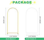 Metal Arch Backdrop Stand and Cover Set, 6FT White Reusable Spandex Fitted Backdrop Cover and Gold Wedding Arch Frame for Baby Shower, Birthday, Parties Decoration.