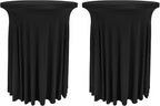 Fivenl 2 Pack Spandex Cocktail Table Skirt 32"x 43" Black Stretch Cocktail Table Cover, Washable Round High Top Tablecloth for Bar, Wedding, Party, Events (Black)