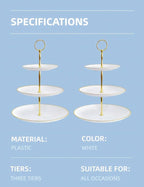 RAUVOLFIA 3 Tier Plastic Cupcake Stand, Tiered Serving Cake Stand, Round White Dessert Stand, Weddings Parties Pastry Serving Tray (2 Pack, White Plate with Gold Rim)