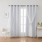 Ombre Rainbow Blackout Curtains for Kid Girls Bedroom Living Room Darking Stripe Double Layer Star Cut Out Wall Home Decor Gradient Grommet Window Curtains (Greywish White 84)