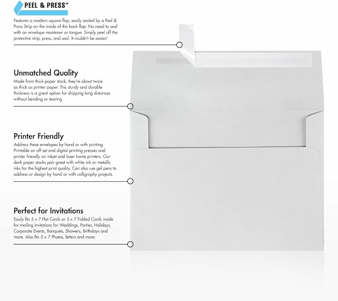 LUXPaper A7 Invitation Envelopes | Peel & Press | 5 1/4" x 7 1/4" | Gray | 80lb. Text | 100% Cotton | 500 Qty