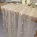 EHLDekol Pearl Table Cloth Elegant Polyester Table Runner with Artificial Pearl Accents Extra Long 10ft 60 x 120 Inches Pearl Tulle Table Runner for Wedding (60inch Width, Champagne, 1 Piece)
